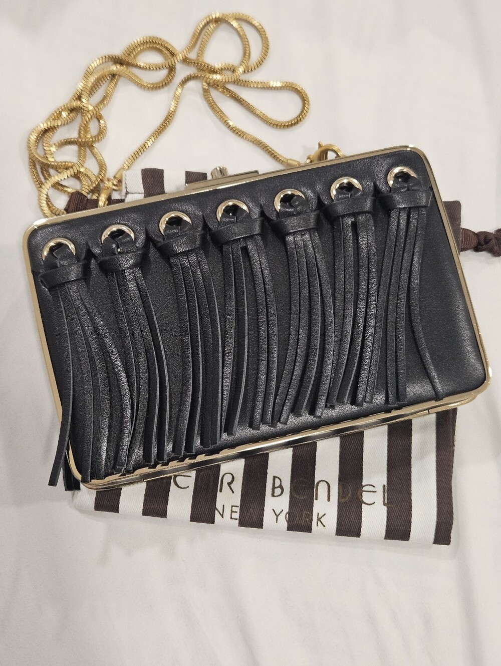Henri Bendel Black Leather Tassel Fringe Box Clutch Crossbody Dustbag RARE